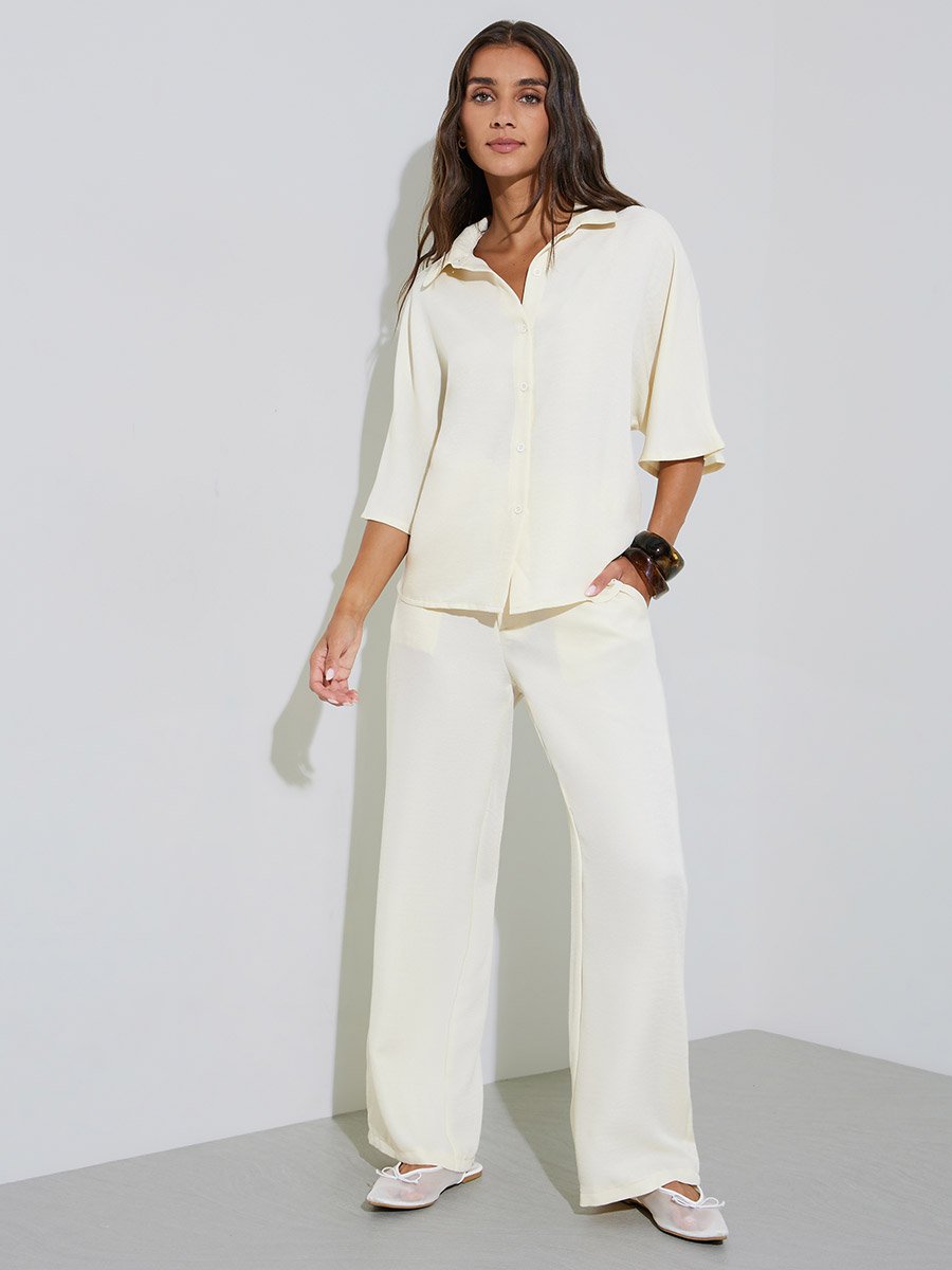 Beige Solid 3/4 Sleeves Shirt and Wide Leg Pants Co-Ords