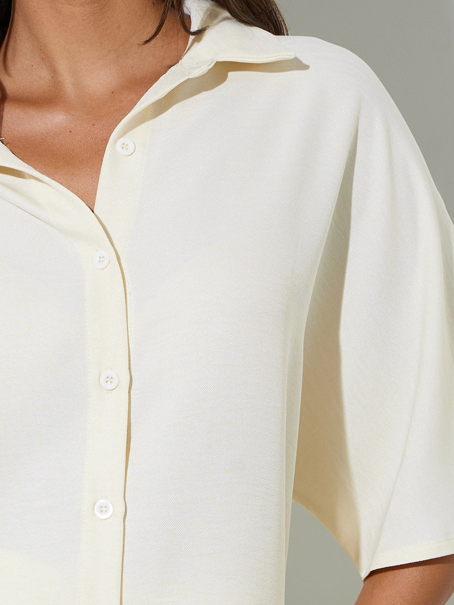 Beige Solid 3/4 Sleeves Shirt and Wide Leg Pants Co-Ords
