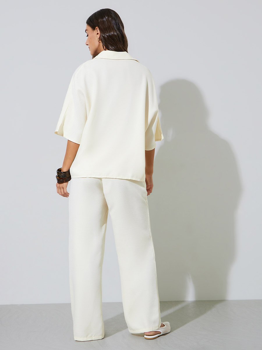 Beige Solid 3/4 Sleeves Shirt and Wide Leg Pants Co-Ords