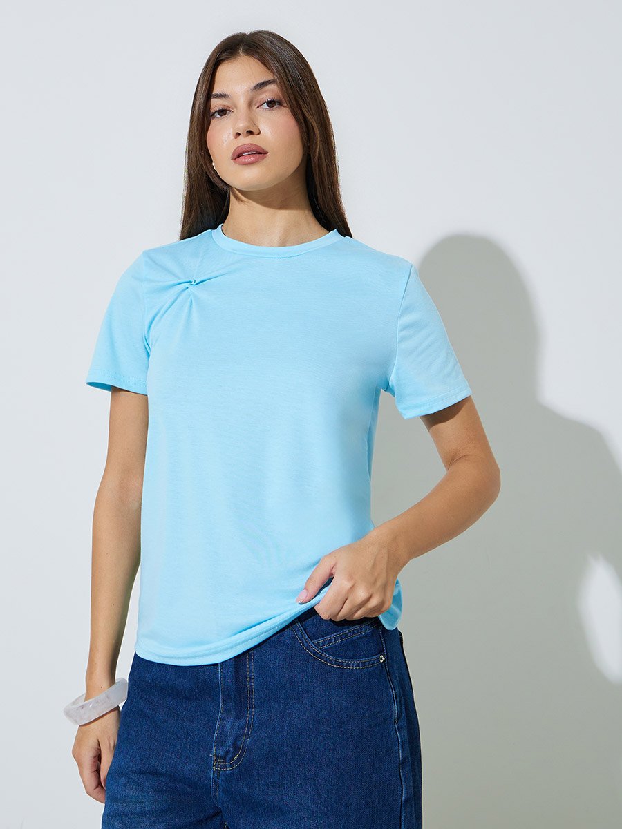Blue Twisted Knot Detail Regular Fit T-Shirt