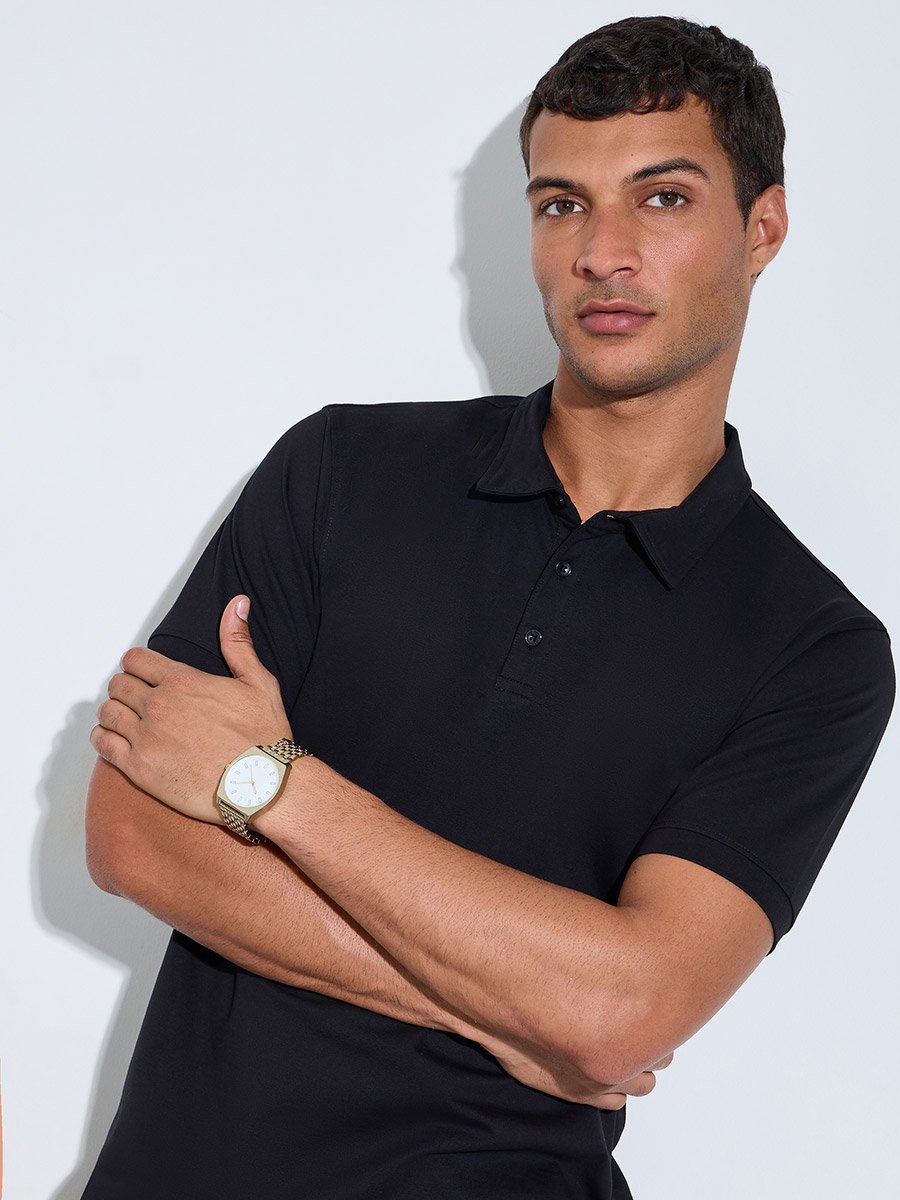 Black Solid Short Sleeves Regular Fit Polo T-Shirt