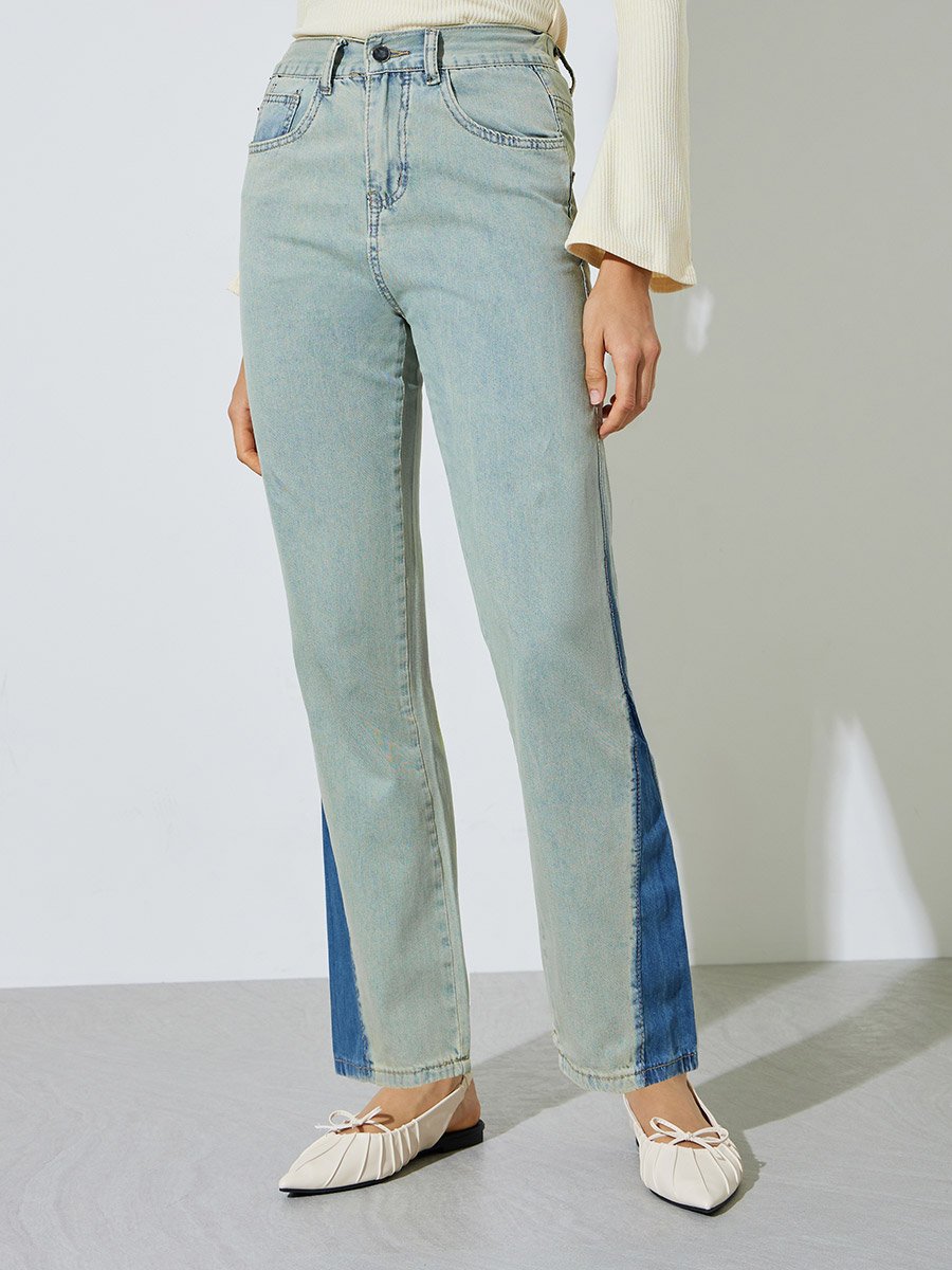 Blue Mid-Rise Wide Leg Jeans With Pocket