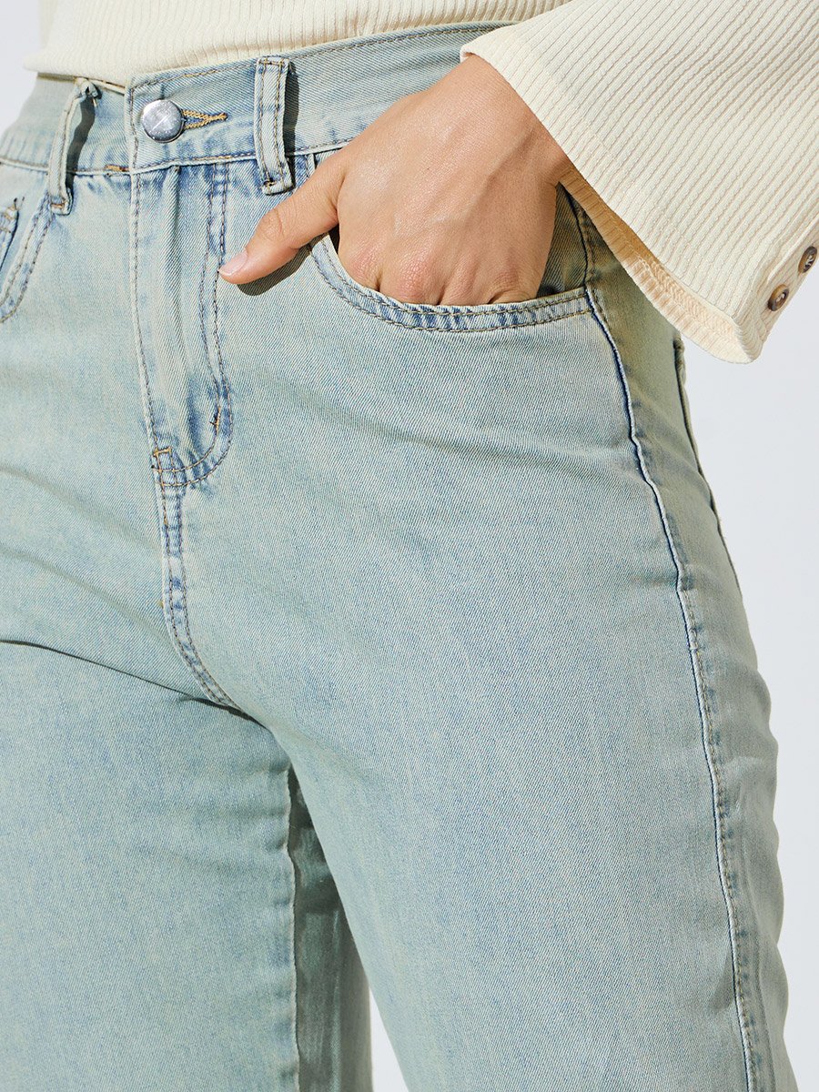 Blue Mid-Rise Wide Leg Jeans With Pocket