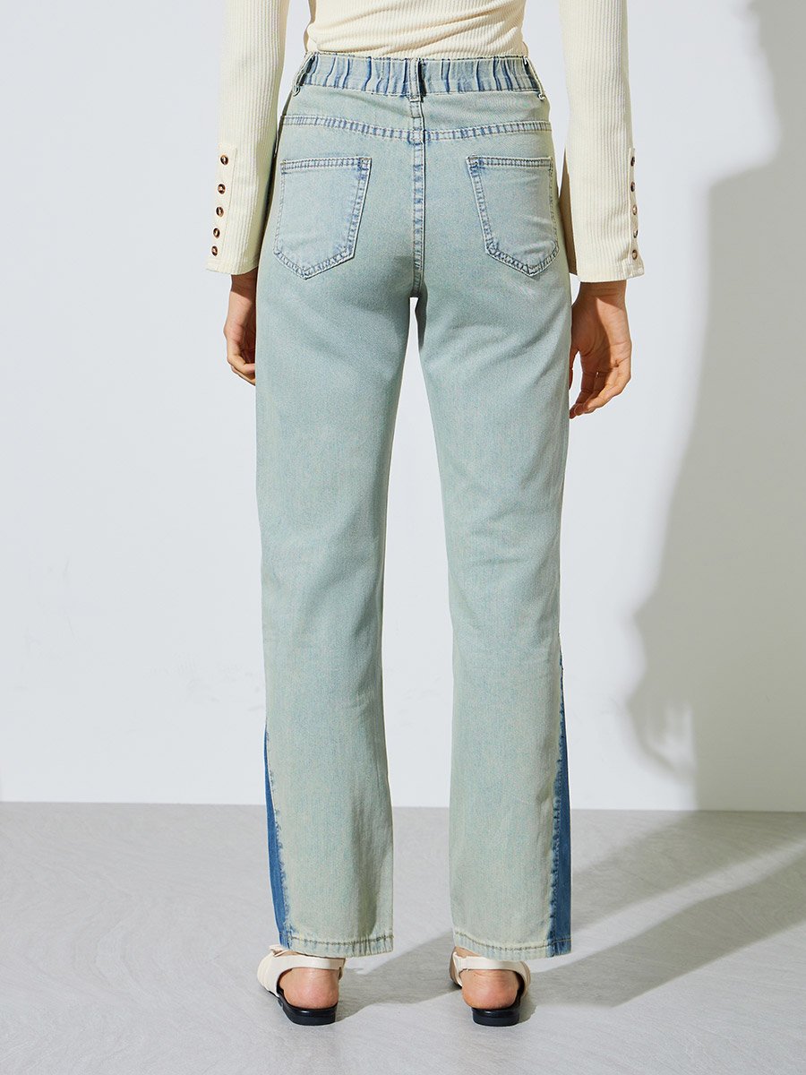 Blue Mid-Rise Wide Leg Jeans With Pocket