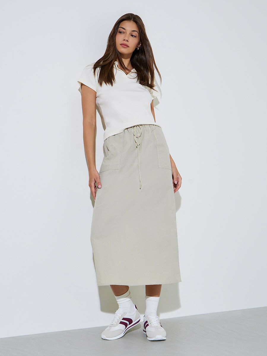 Cream A-Line Midi Skirt with Side Pocket