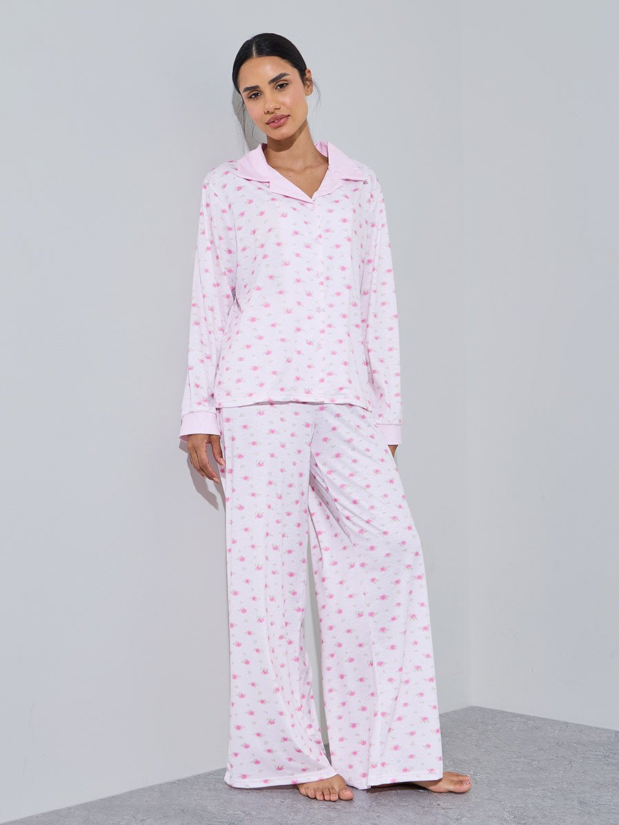 Pink Floral Print Shirt and Wide Leg Pants Pyjama Set