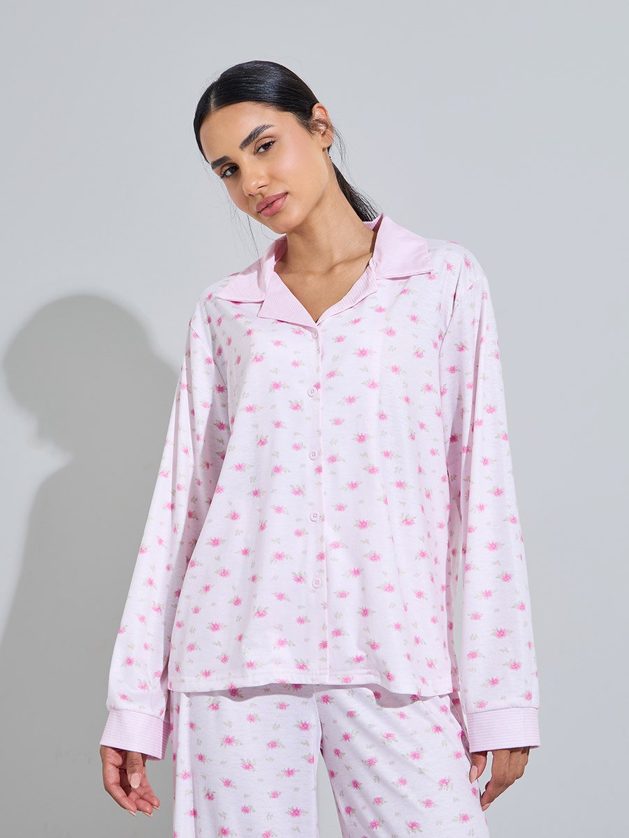 Pink Floral Print Shirt and Wide Leg Pants Pyjama Set