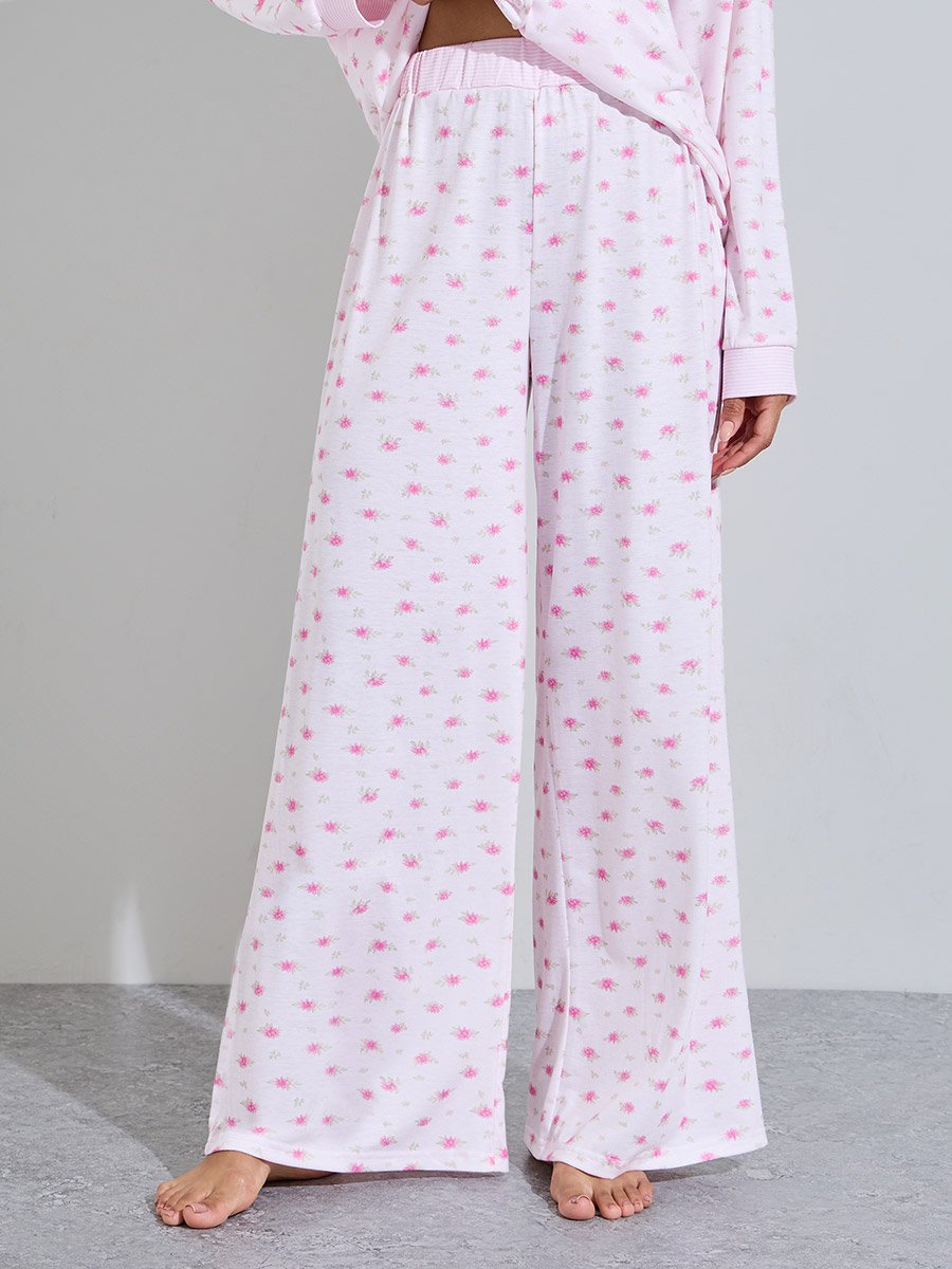 Pink Floral Print Shirt and Wide Leg Pants Pyjama Set