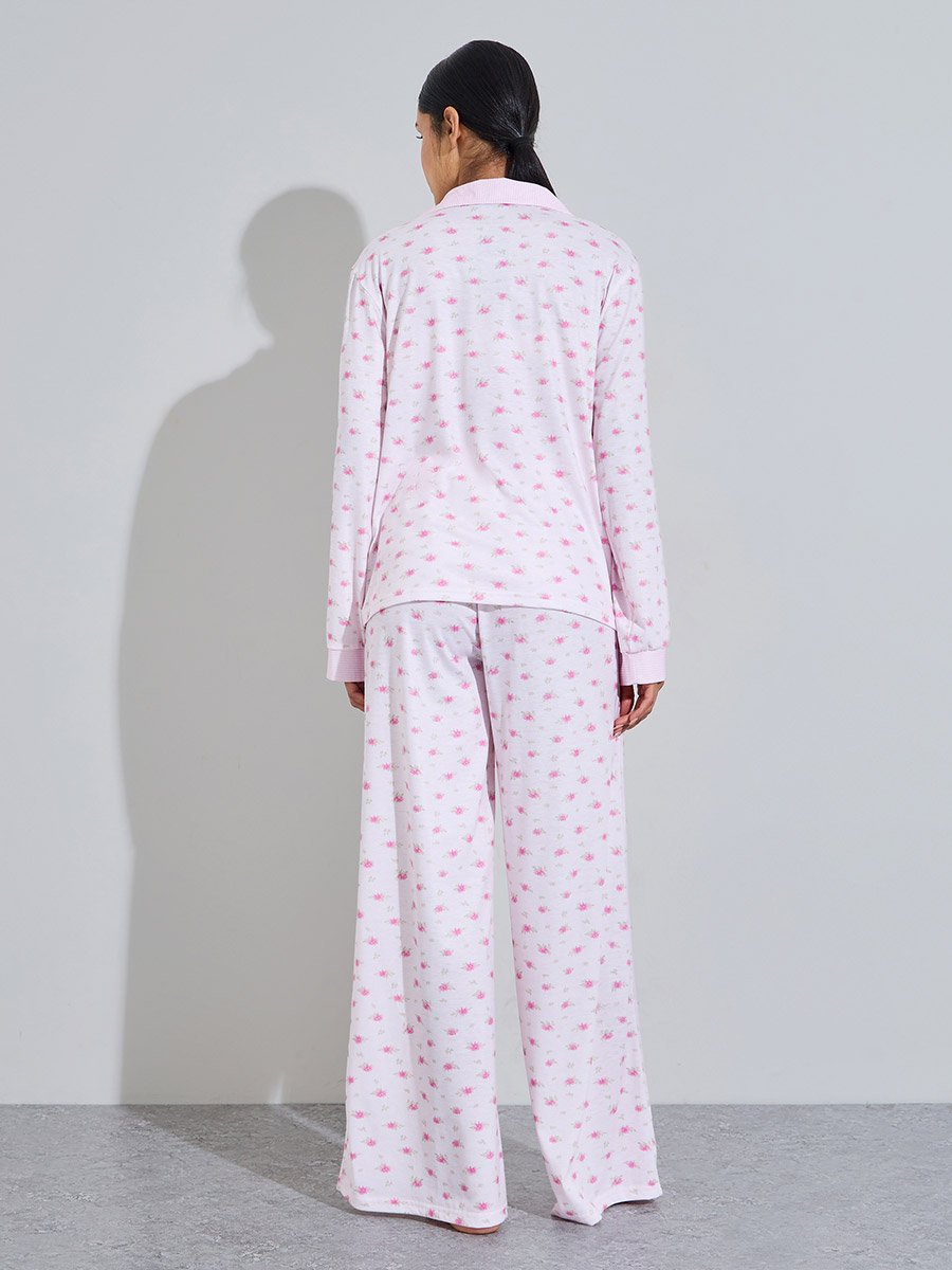 Pink Floral Print Shirt and Wide Leg Pants Pyjama Set