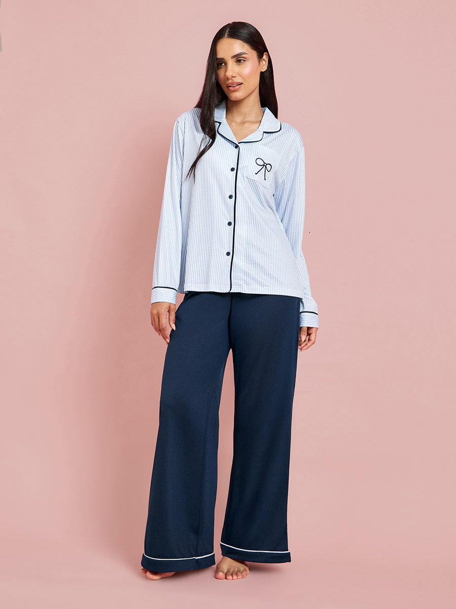 Blue Bow Print Contrast Trims Shirt and Wide Leg Pants Pyjama Set