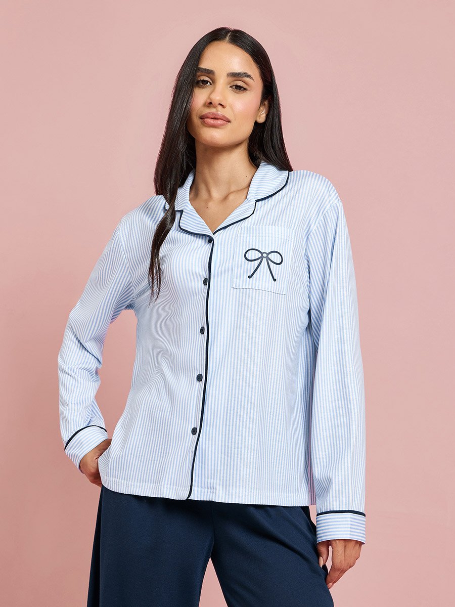 Blue Bow Print Contrast Trims Shirt and Wide Leg Pants Pyjama Set