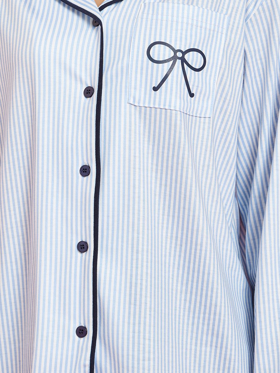 Blue Bow Print Contrast Trims Shirt and Wide Leg Pants Pyjama Set