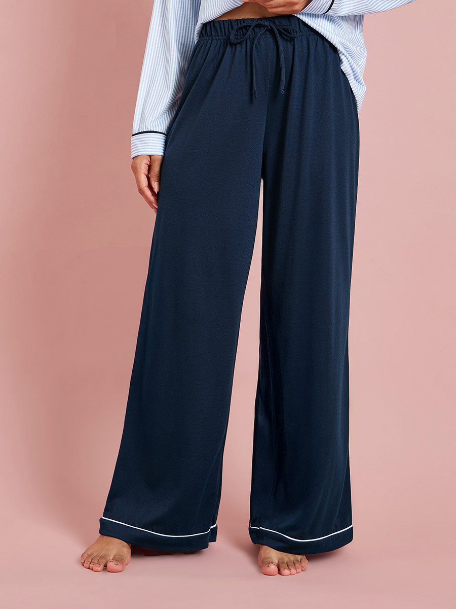 Blue Bow Print Contrast Trims Shirt and Wide Leg Pants Pyjama Set