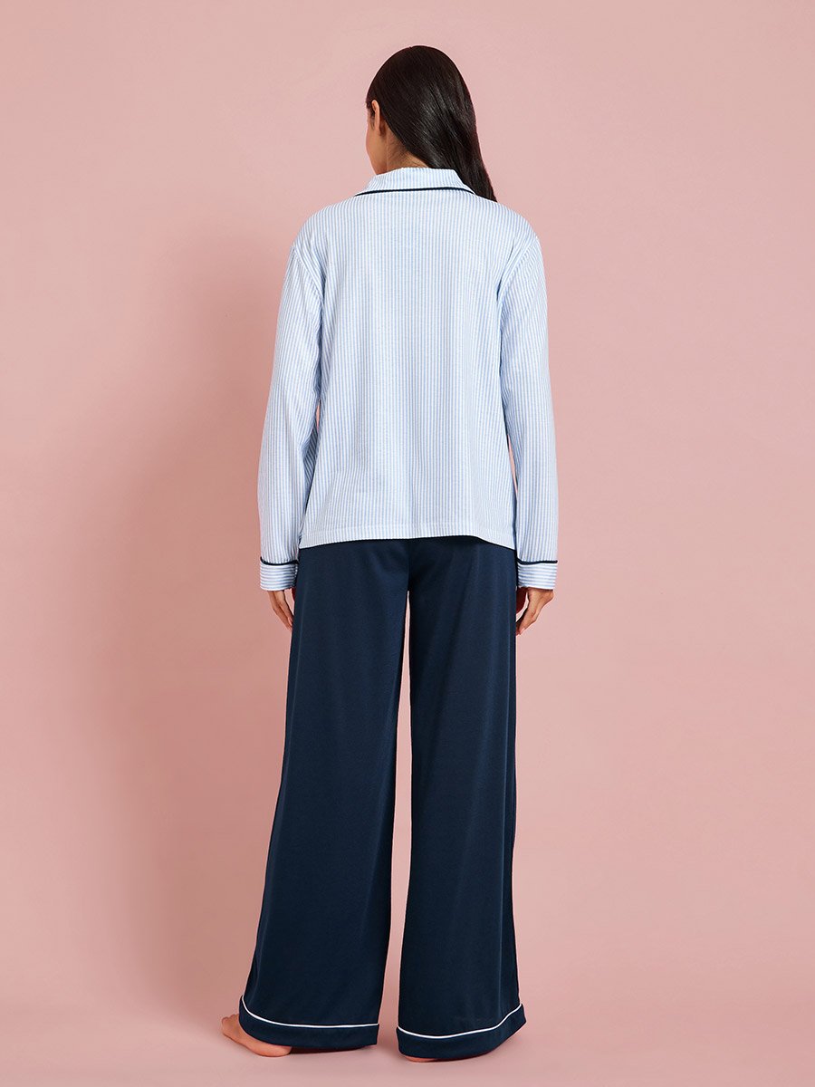 Blue Bow Print Contrast Trims Shirt and Wide Leg Pants Pyjama Set