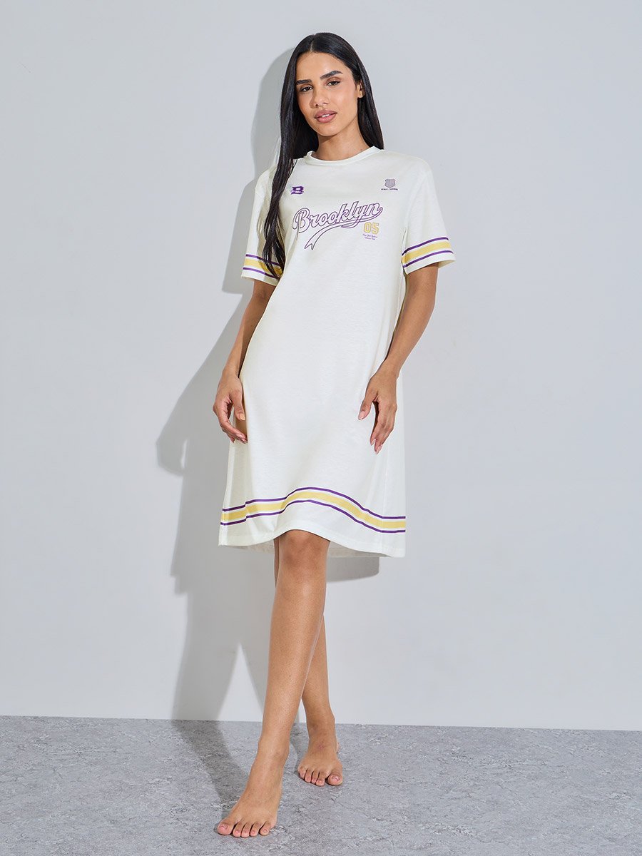 Cream Graphic Print Short Sleeves T-Shirt Nightdress
