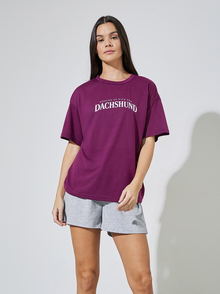 Dachshund Back Graphic Dop Shoulder T-Shirt and Shorts Set