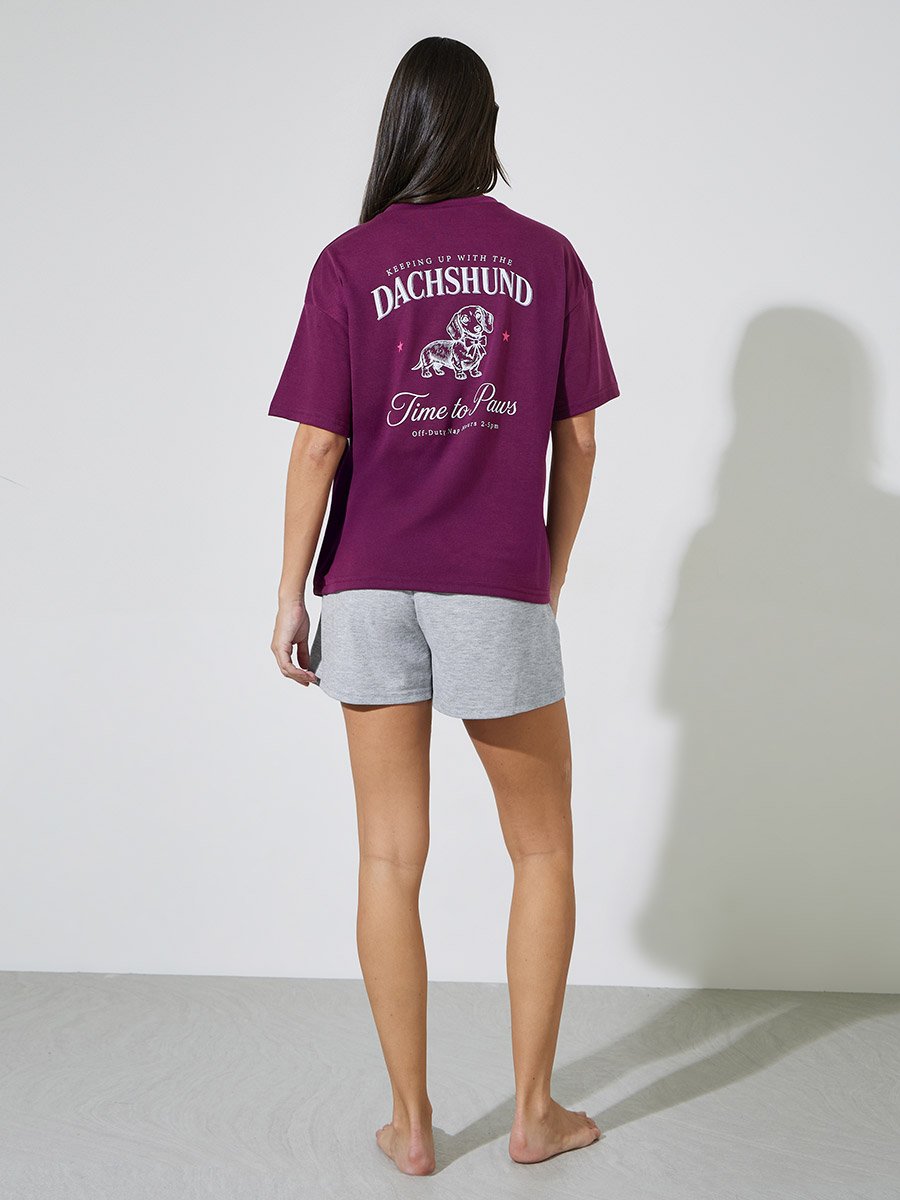 Dachshund Back Graphic Dop Shoulder T-Shirt and Shorts Set