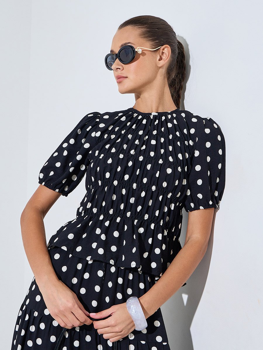 Black Polka Dot Ruched Details Blouse