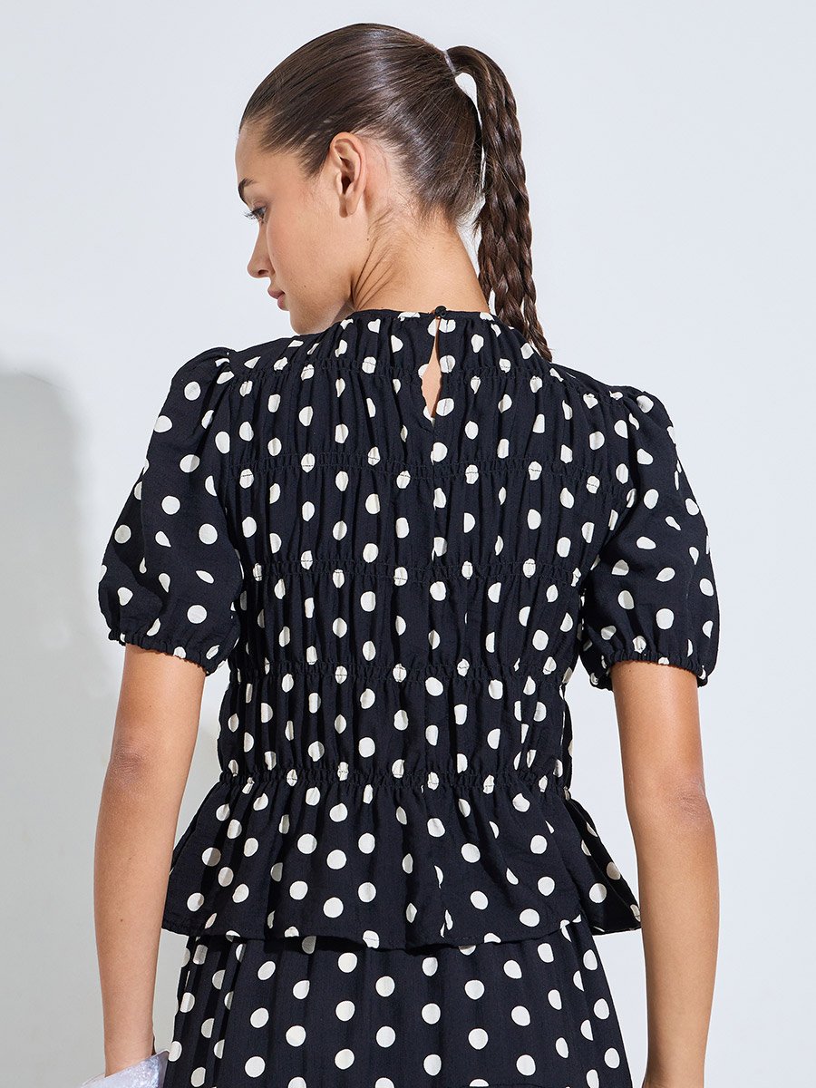 Black Polka Dot Ruched Details Blouse