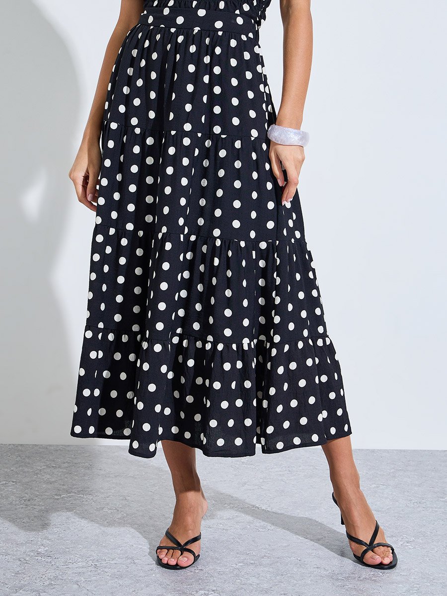 Black Polka Dot A-line Tiered Midi Skirt