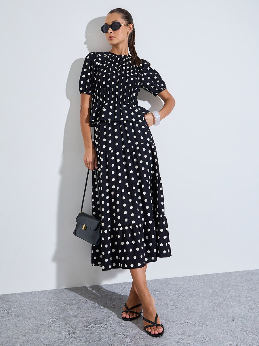 Black Polka Dot A-line Tiered Midi Skirt