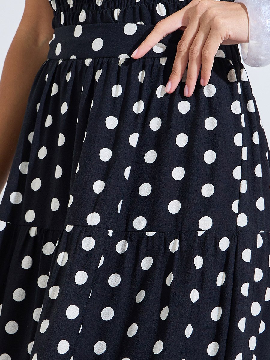 Black Polka Dot A-line Tiered Midi Skirt