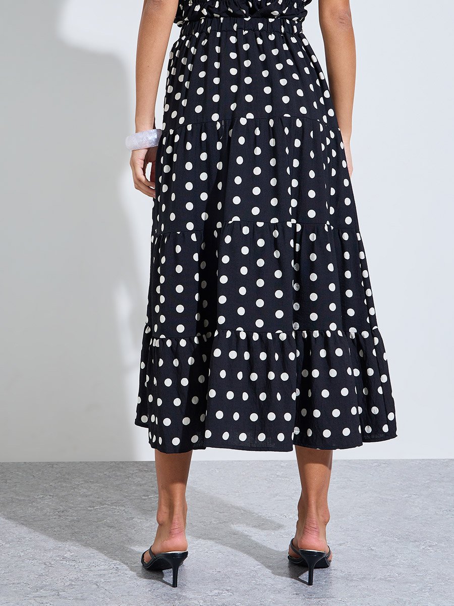 Black Polka Dot A-line Tiered Midi Skirt