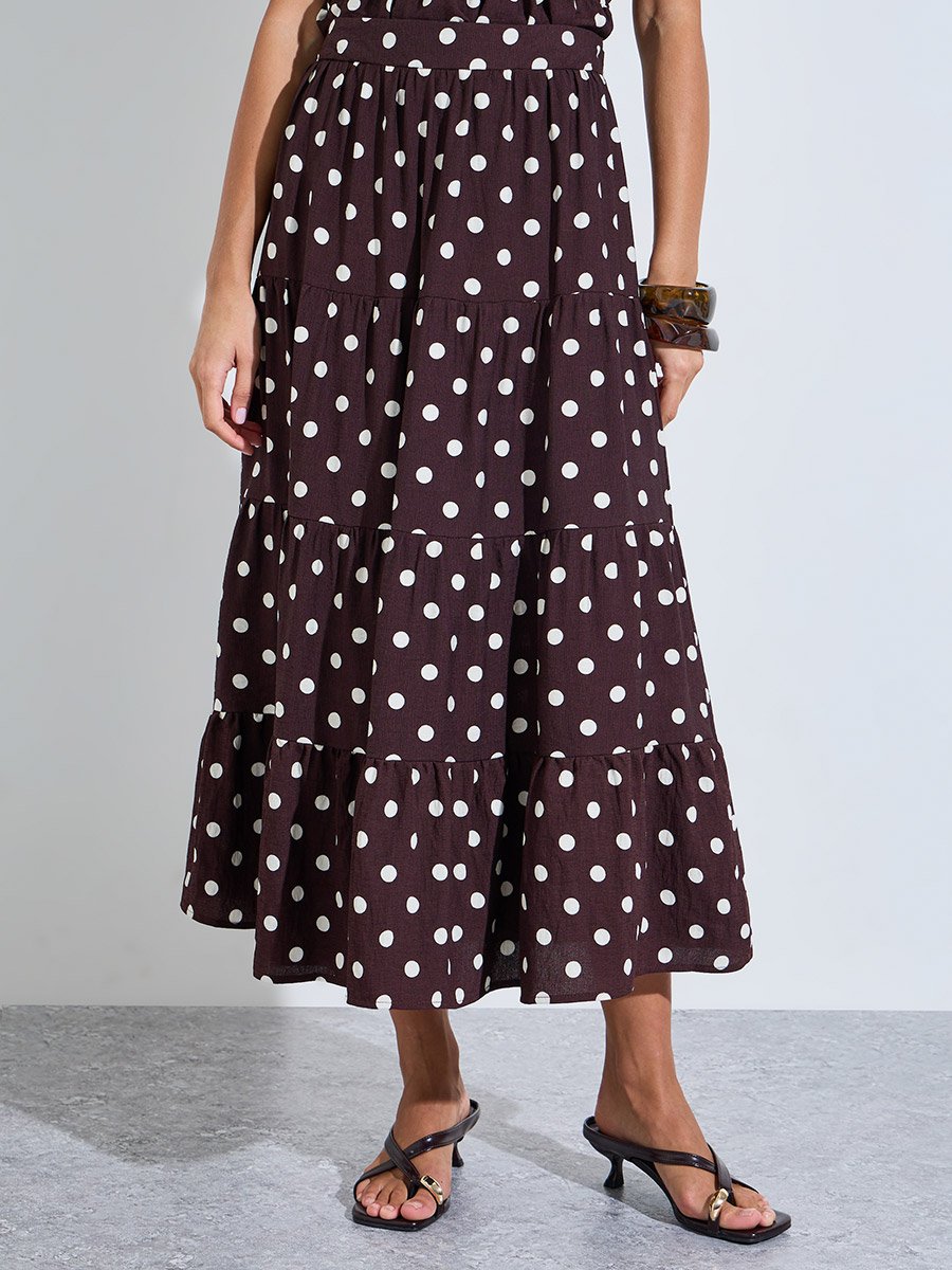 Brown Polka Dot Tiered A-Line Midi Skirt