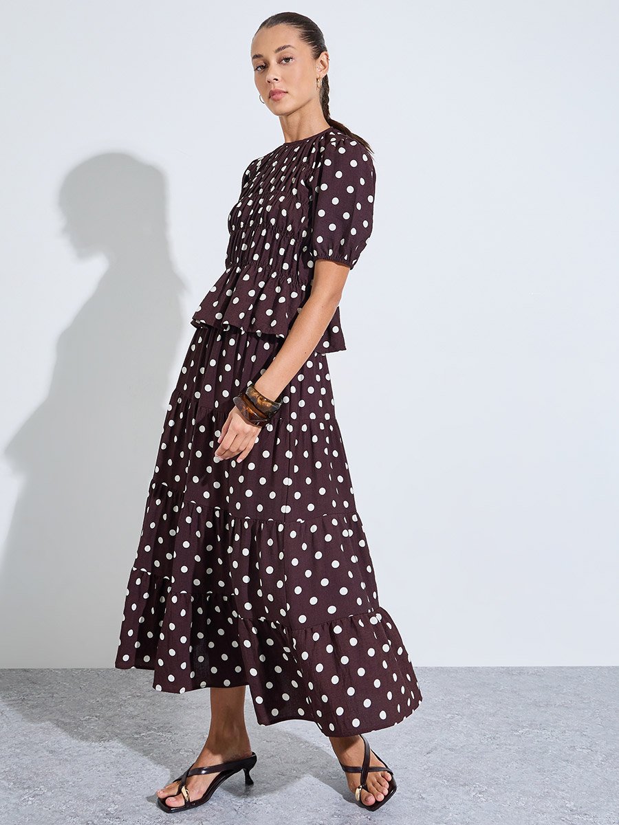 Brown Polka Dot Tiered A-Line Midi Skirt