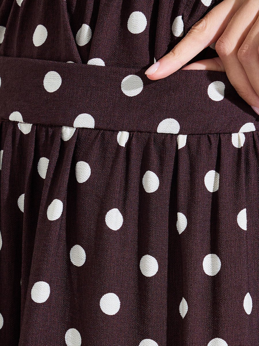Brown Polka Dot Tiered A-Line Midi Skirt
