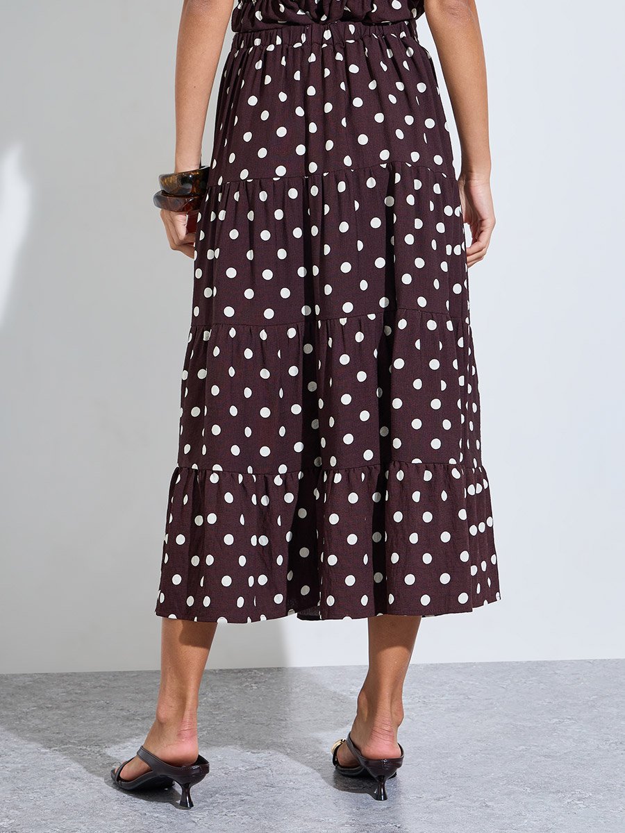 Brown Polka Dot Tiered A-Line Midi Skirt