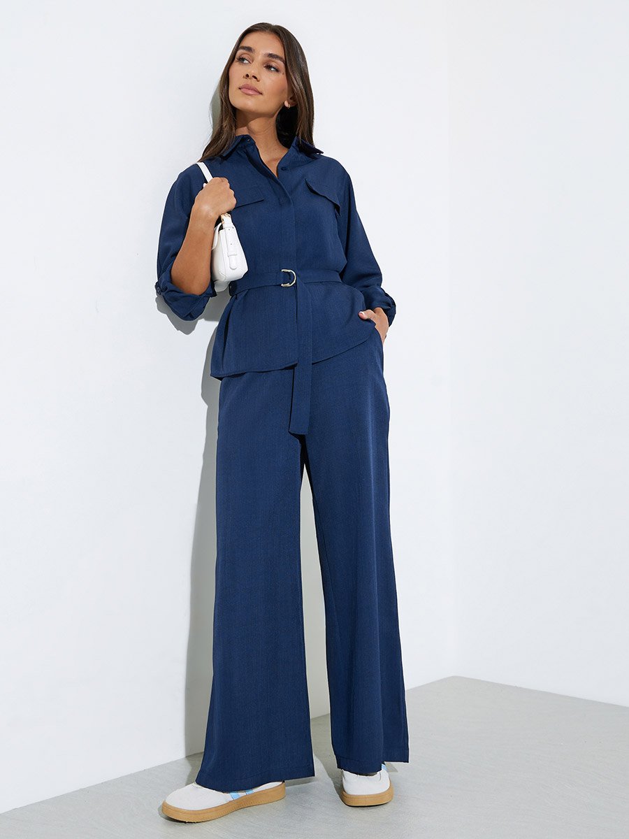 Navy Blue Solid Wide Leg Trousers