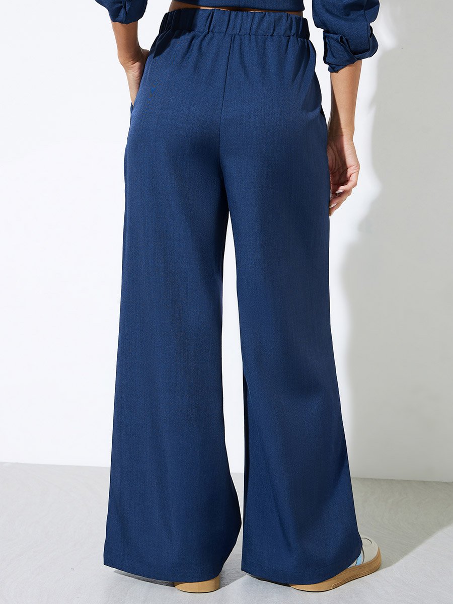 Navy Blue Solid Wide Leg Trousers