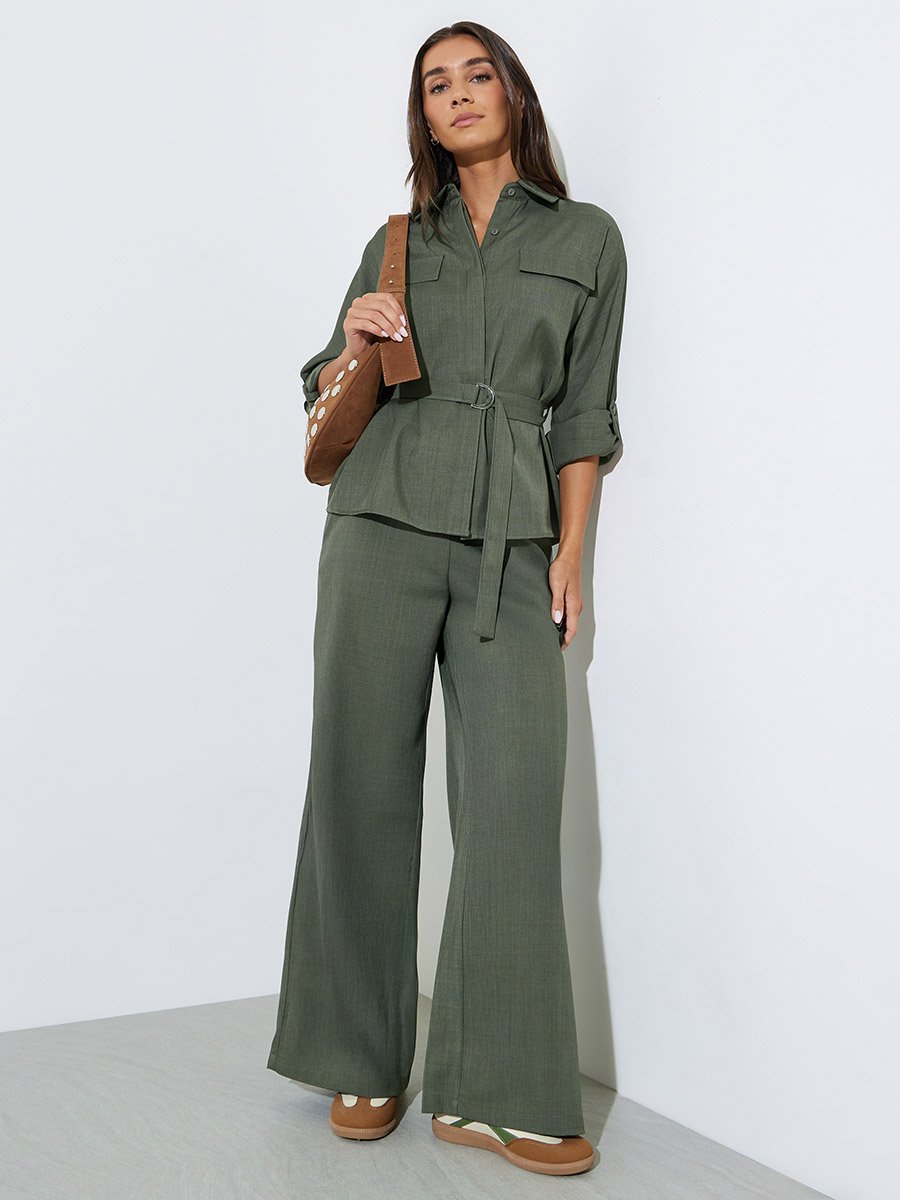 Olive Solid Wide Leg Trousers