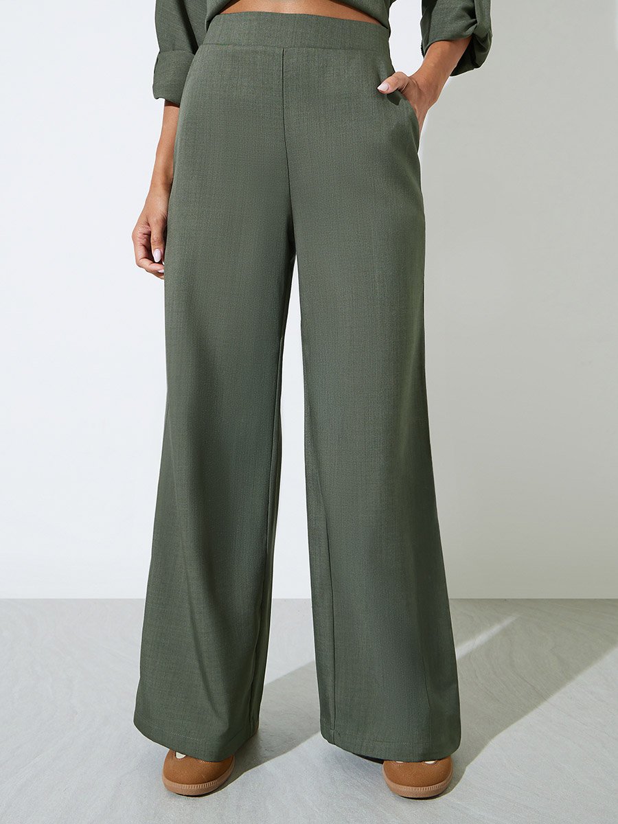 Olive Solid Wide Leg Trousers