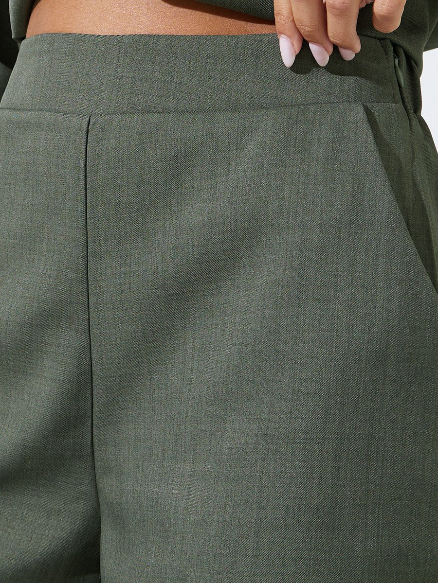 Olive Solid Wide Leg Trousers