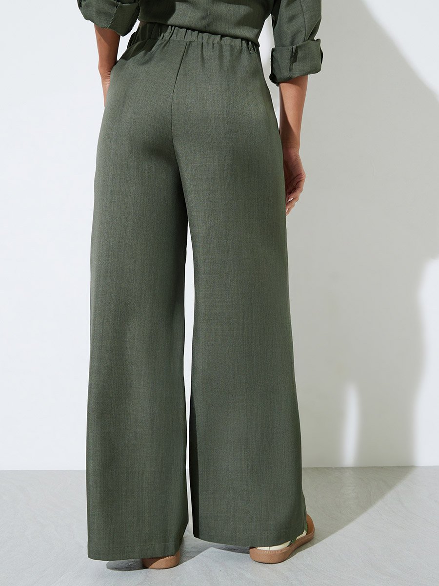 Olive Solid Wide Leg Trousers