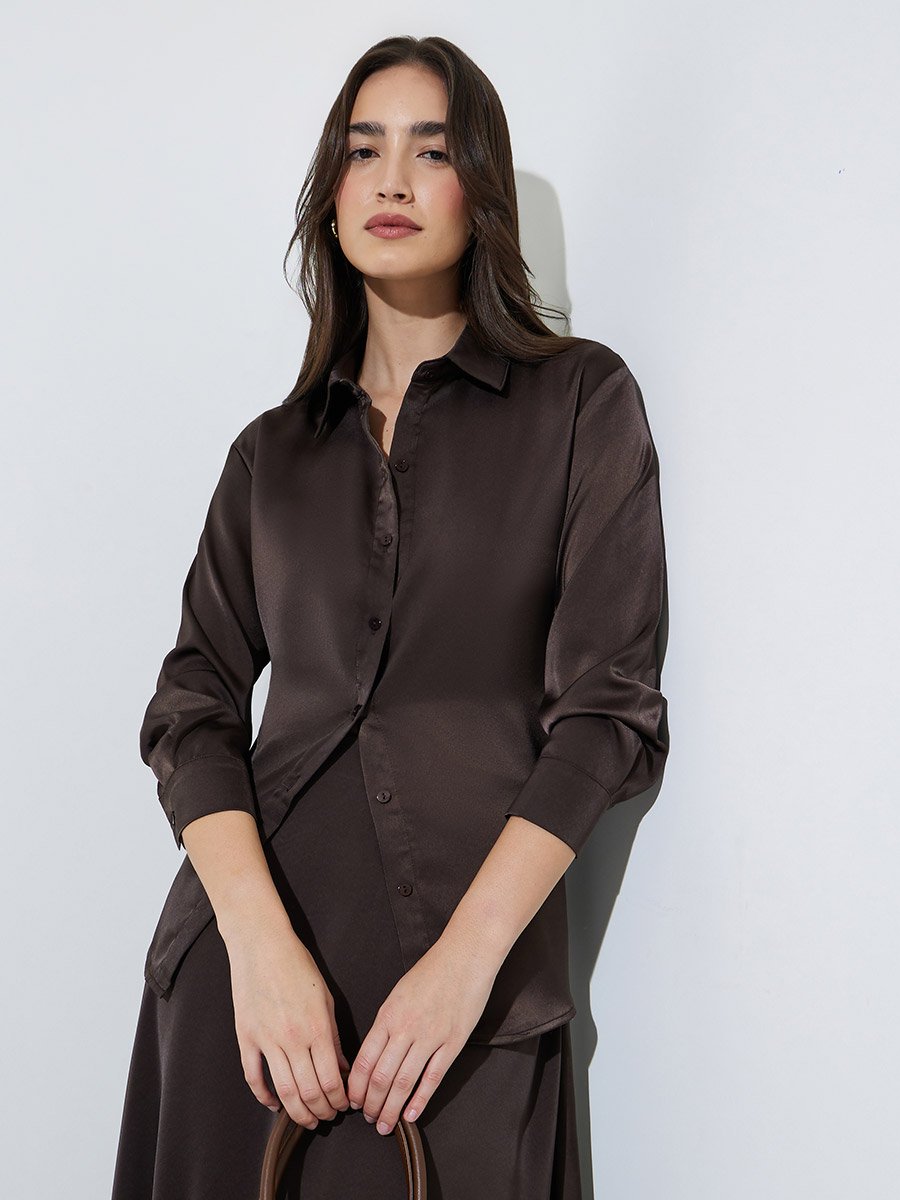 Brown Solid Long Lined Oversized Satin Shirt