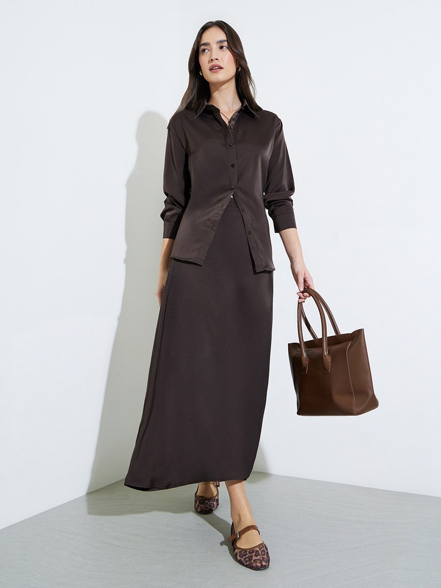 Brown Solid Long Lined Oversized Satin Shirt