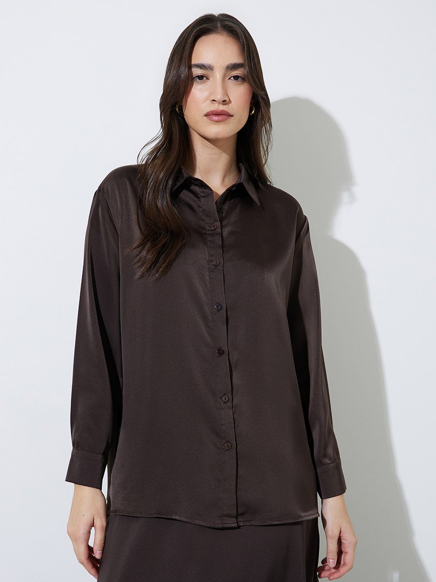 Brown Solid Long Lined Oversized Satin Shirt