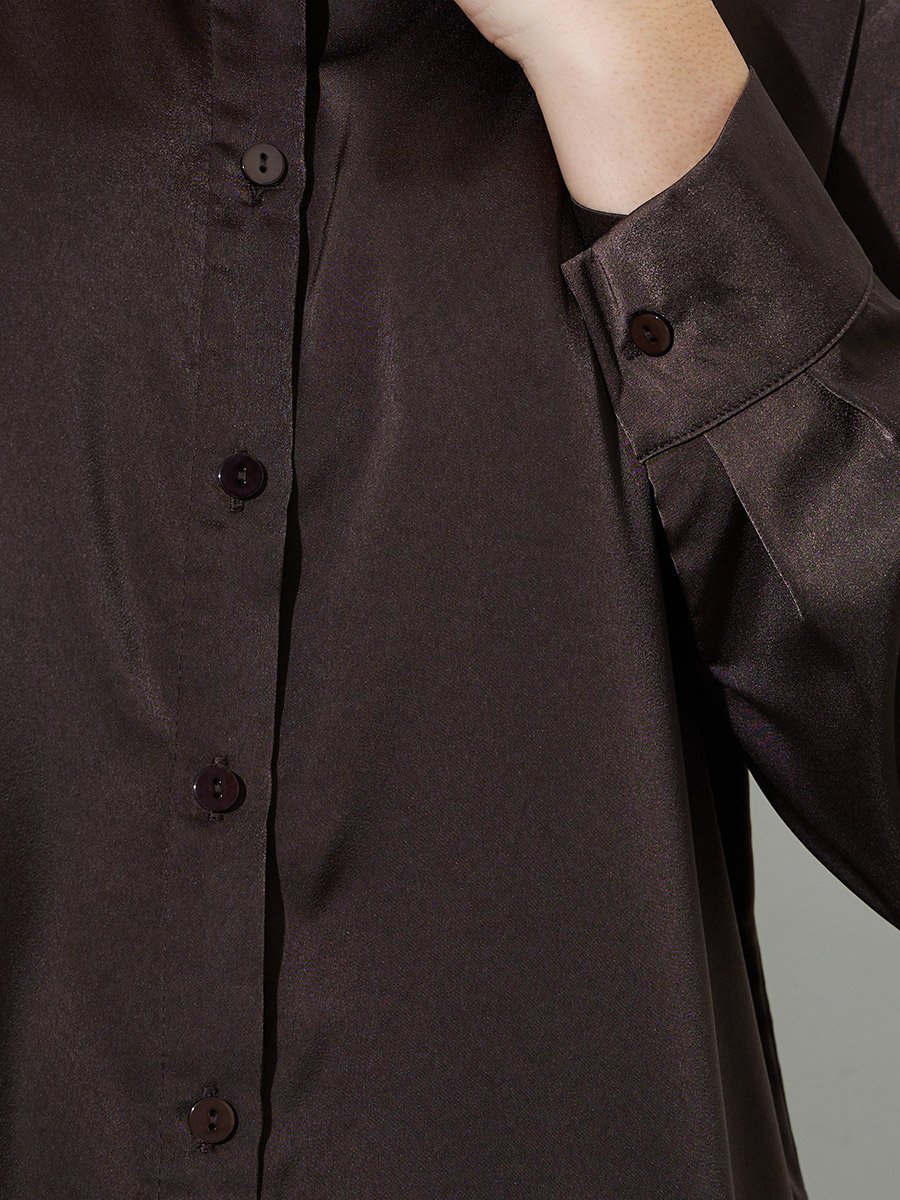 Brown Solid Long Lined Oversized Satin Shirt