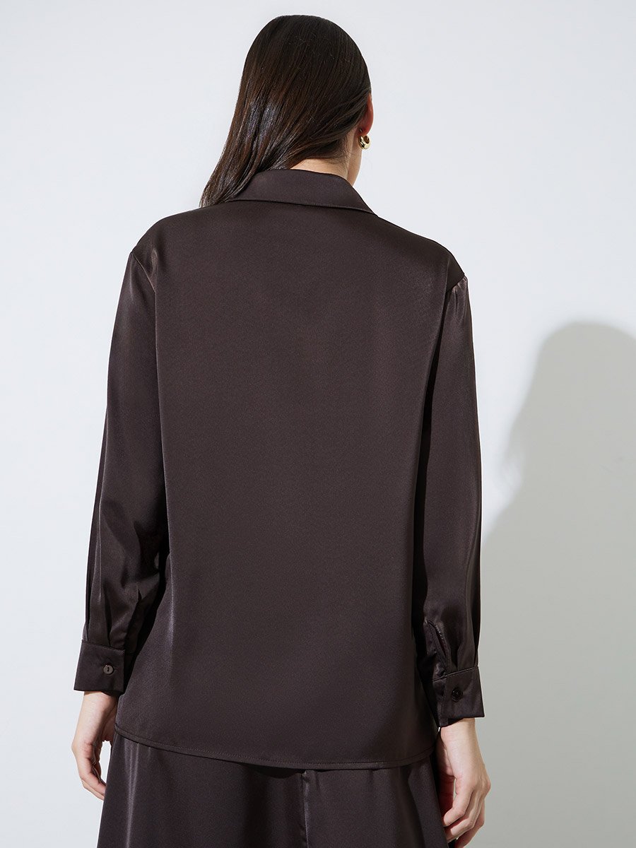 Brown Solid Long Lined Oversized Satin Shirt