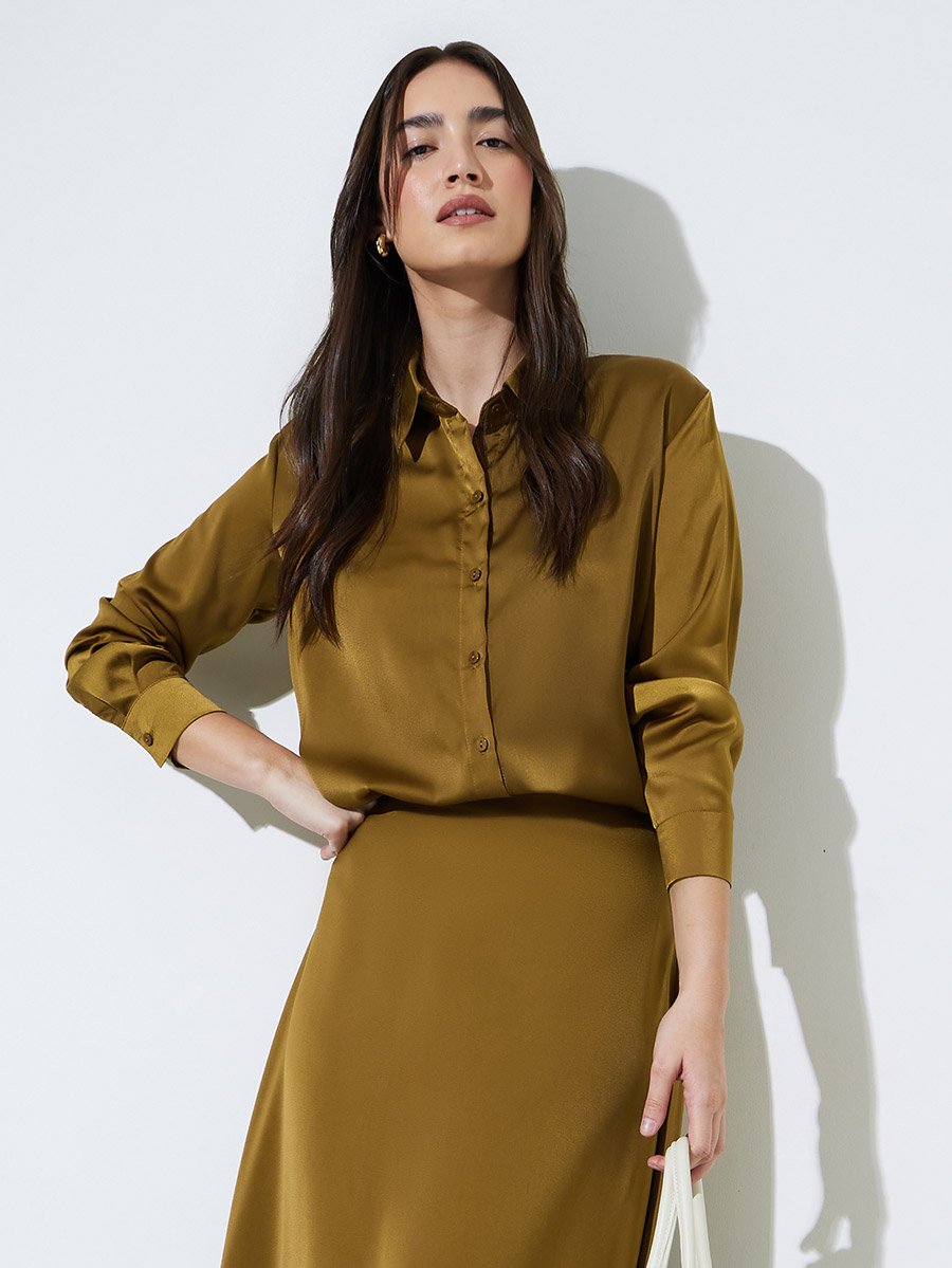 Olive Solid Long Lined Oversized Satin Shirt