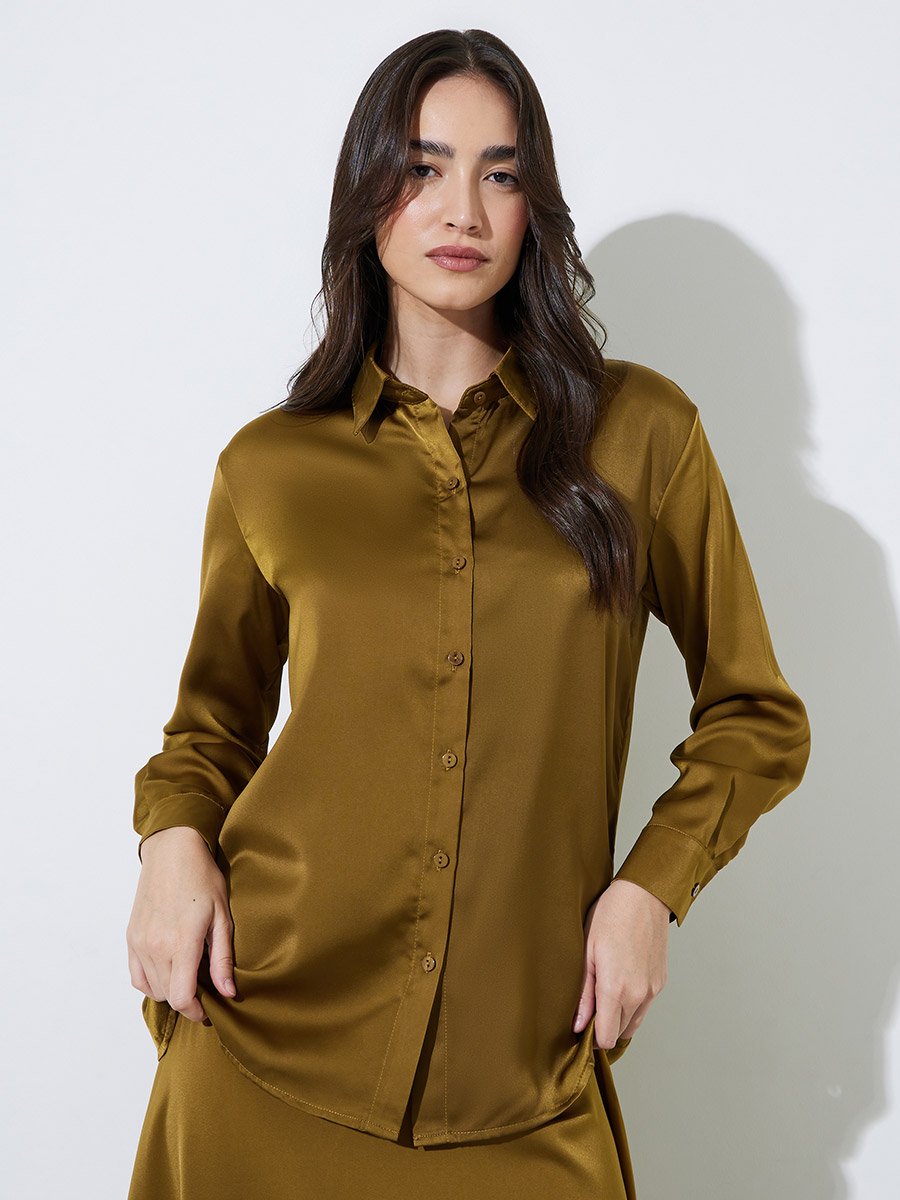 Olive Solid Long Lined Oversized Satin Shirt