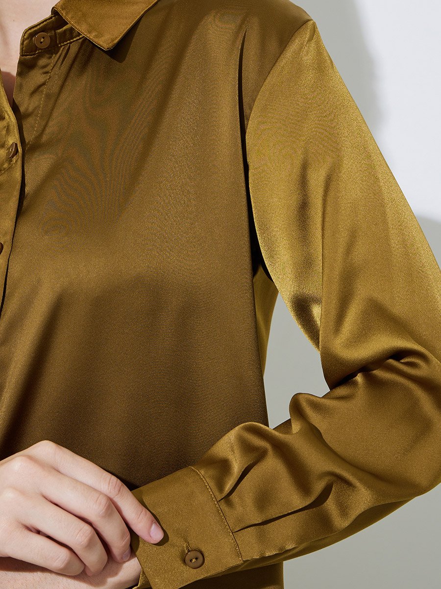 Olive Solid Long Lined Oversized Satin Shirt