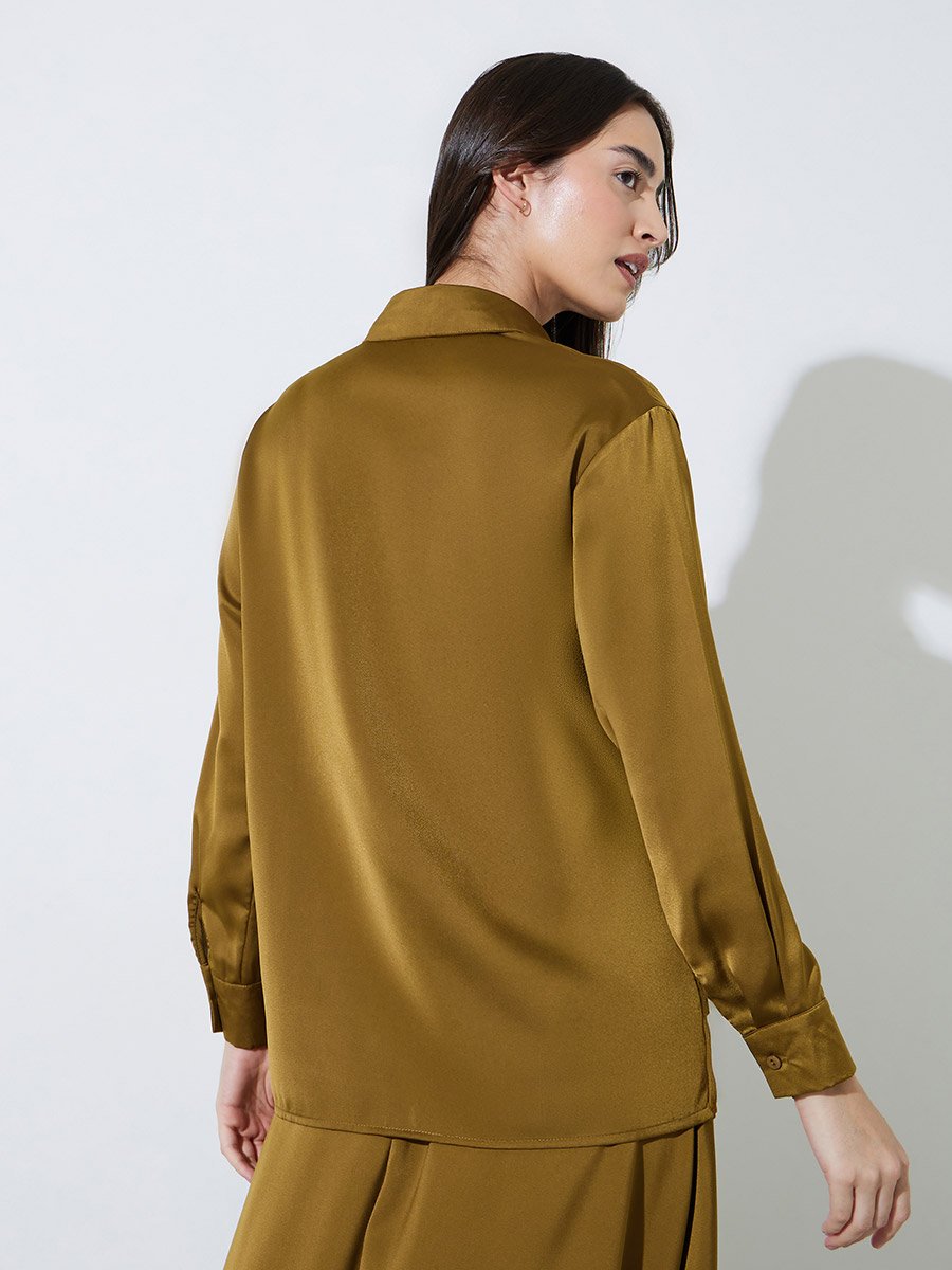 Olive Solid Long Lined Oversized Satin Shirt