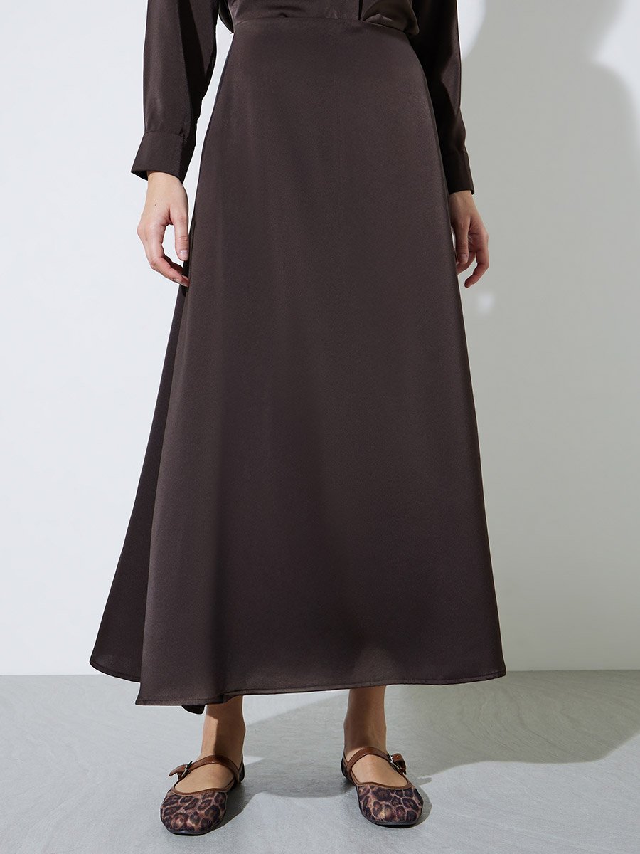 Brown Solid A-Line Maxi Skirt