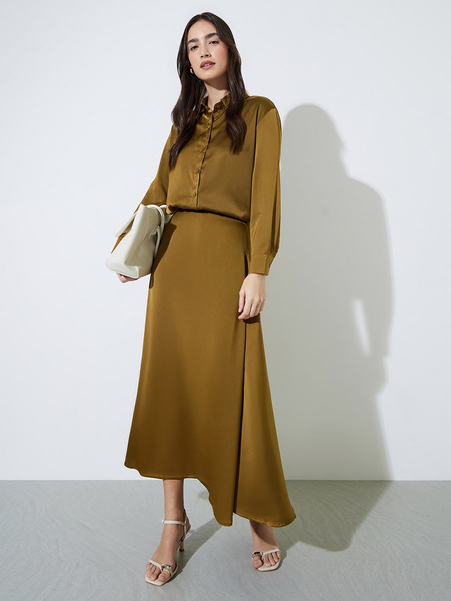 Olive Solid A-Line Maxi Skirt