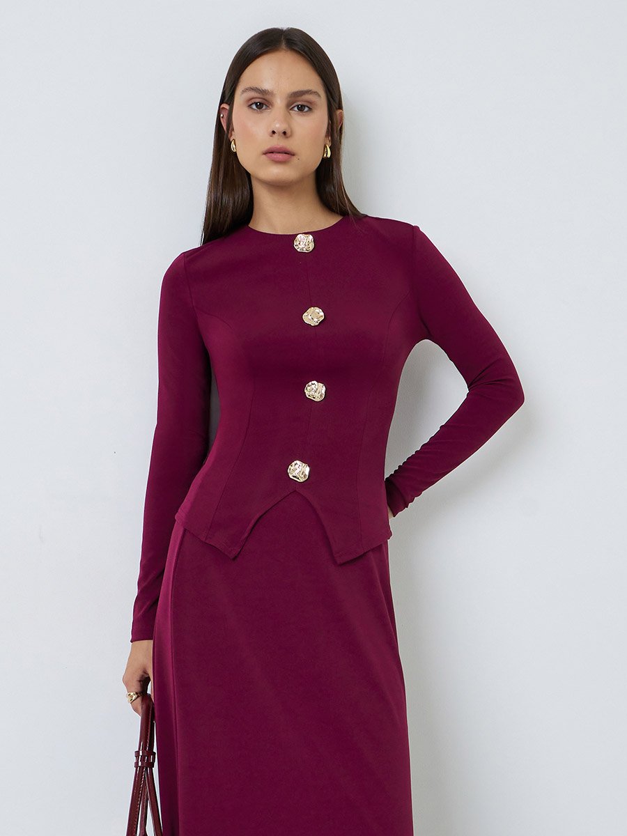 Burgundy Long Sleeve Knit Top with Gold Buttons