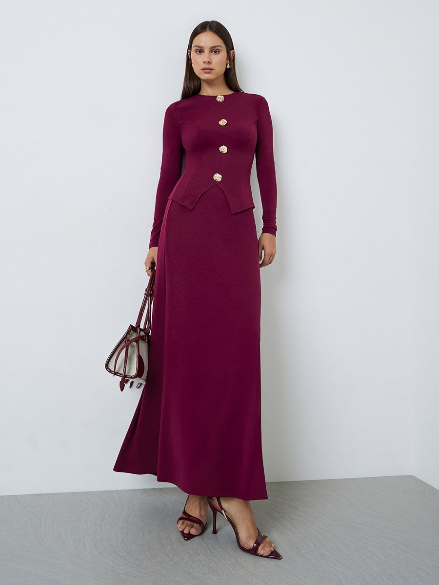 Burgundy Long Sleeve Knit Top with Gold Buttons
